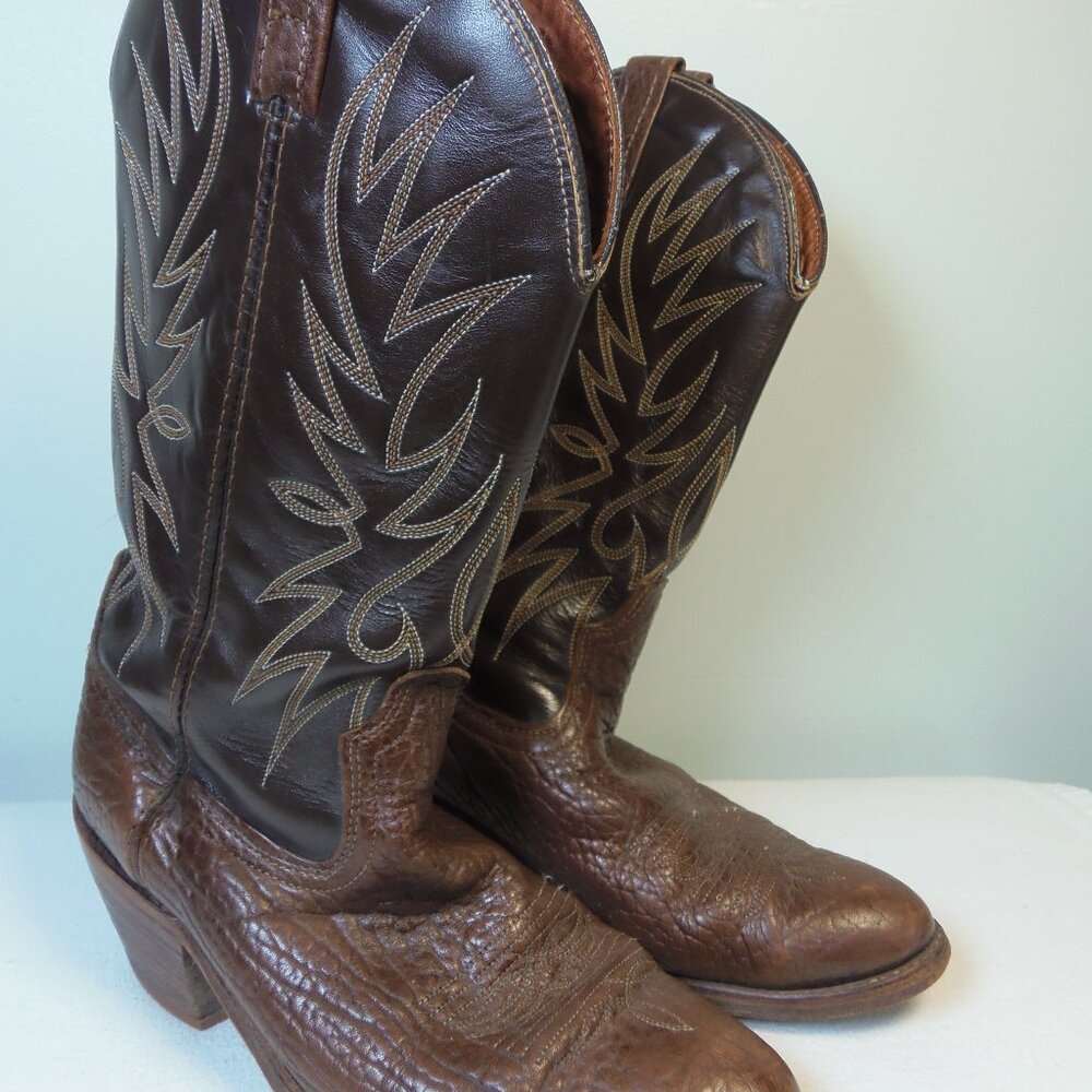 Donnay Men's 9.5D Western Cowboy‎ Boots Bison Leather Flame Stitching Rugged USA